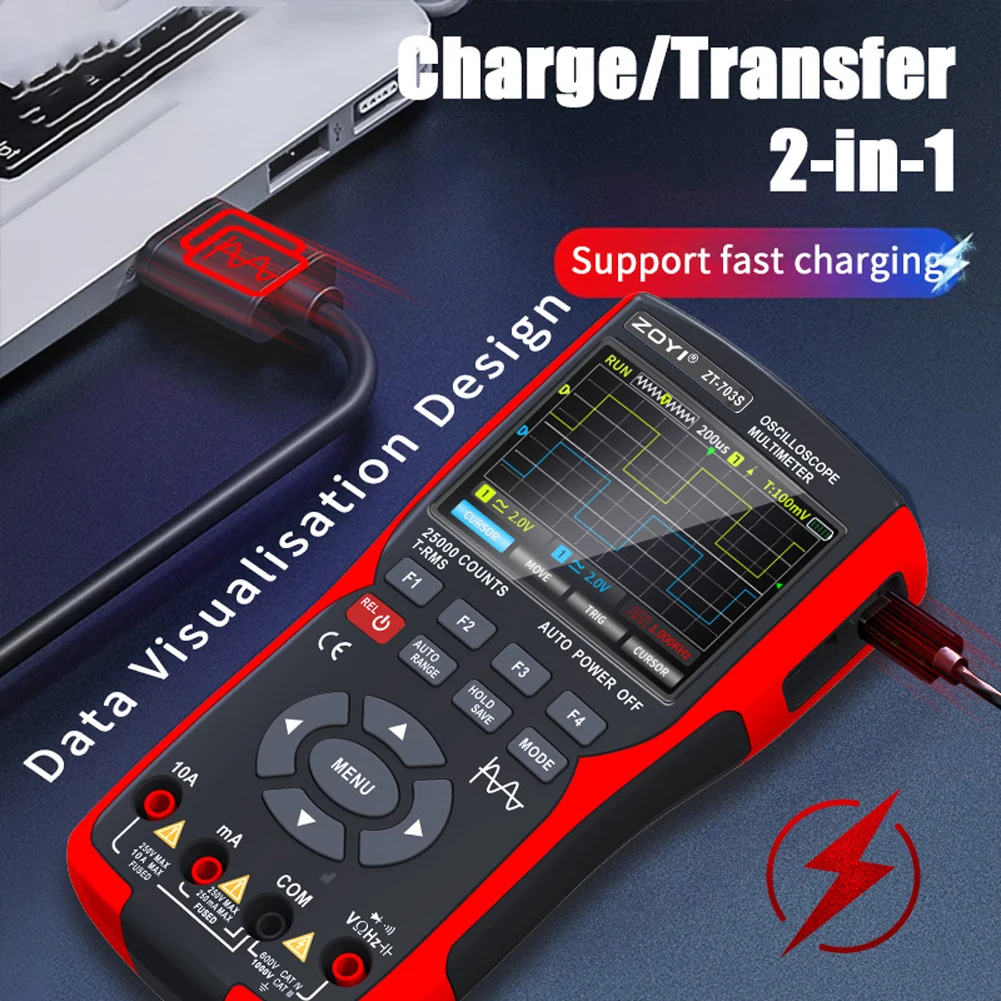 ZT703S 디지털 멀티미터, 3in 1, 50MHz 대역폭, 280MS 샘플링 레이트, PC 파형 데이터 저장, 듀얼 오실로스코프 신호 발생기