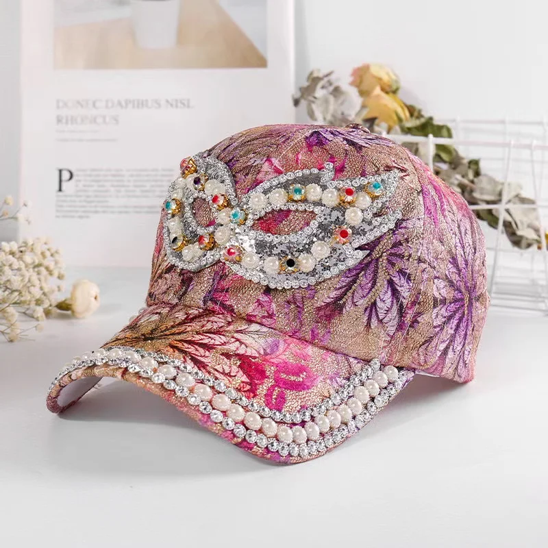 Women Multicolor Printing Baseball Cap Bling Pearl Decoration Casual Caps Adjustable Outdoor Summer Hats