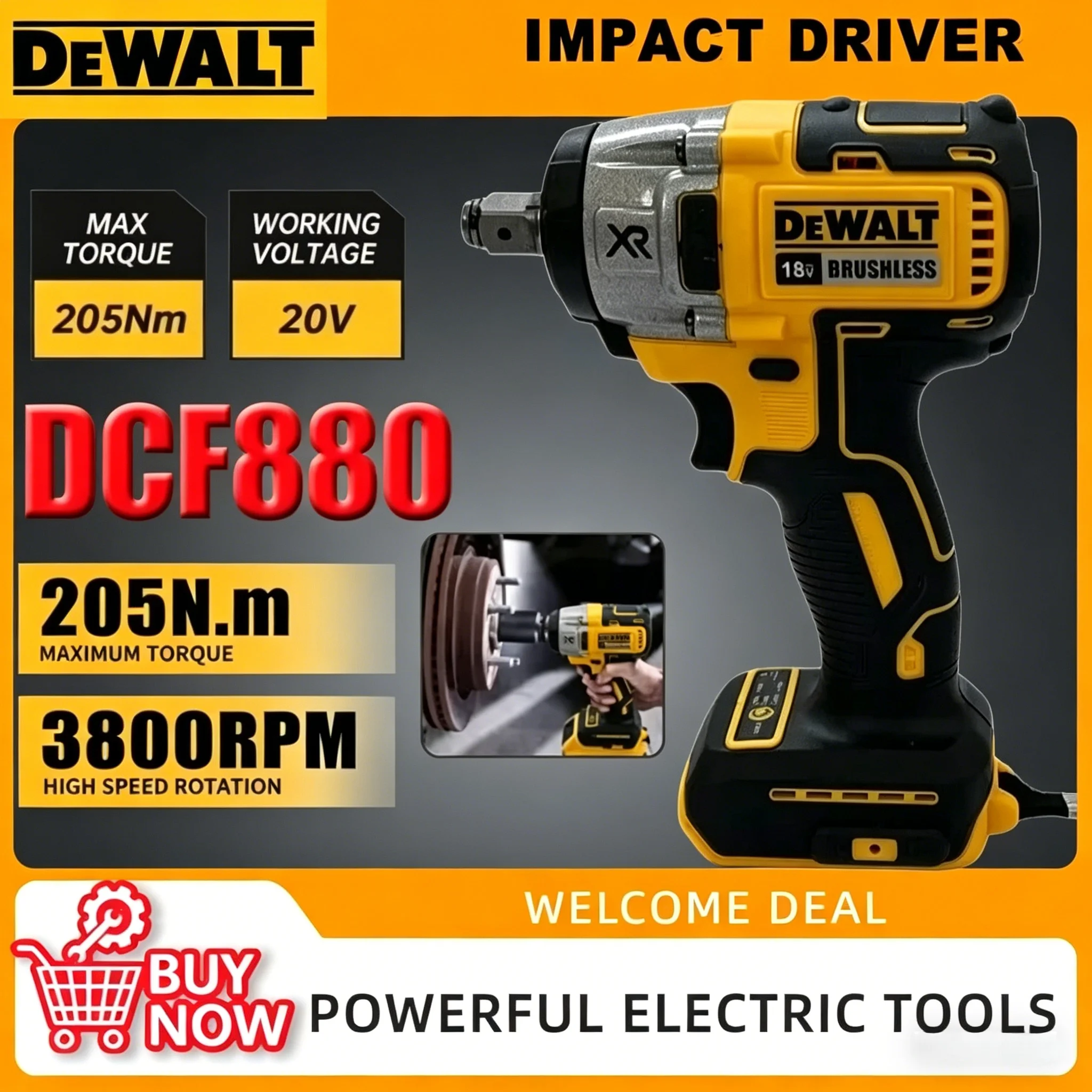 DEWALT DCF880 20V 무선 임팩트 렌치 203Nm 1/2" 드라이브 분리형 타이어 고속 강력한 자동 수리 분해 도구