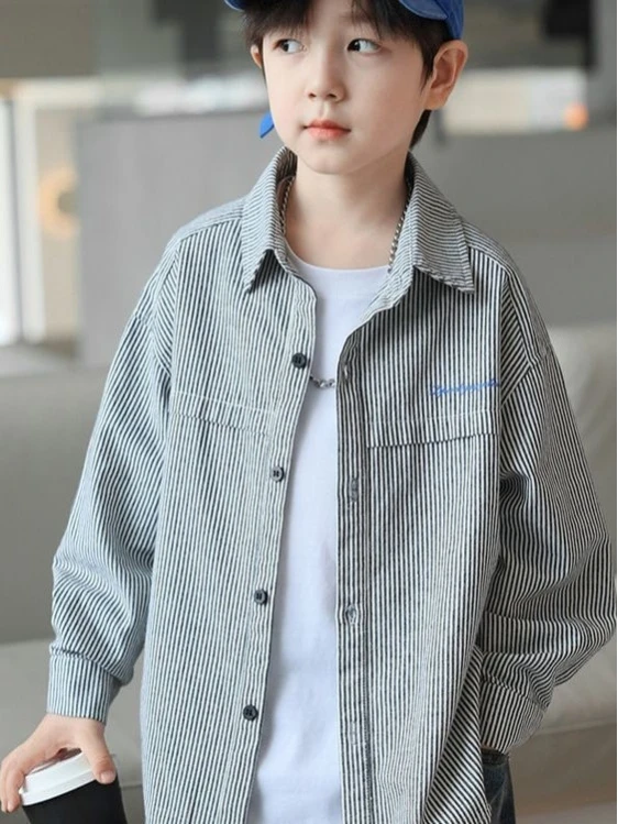 봄 여름 소년 스트라이프 긴팔 셔츠 아동복 한국 스타일 봄 가을 얇은 아우터 2025 신상품