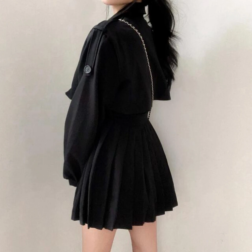 Gabardina elegante y plisada de estilo coreano para mujer, vestido con cinturón, cuello vuelto, doble botonadura, liso, para otoño