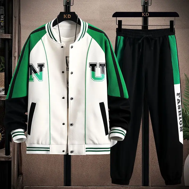 

M--4XL Mens Set Spring/autumn Male O-neck Long Sleeve Coat+pants 2pcs Suits Letter Print Teenagers Tidal Current Clothes H128