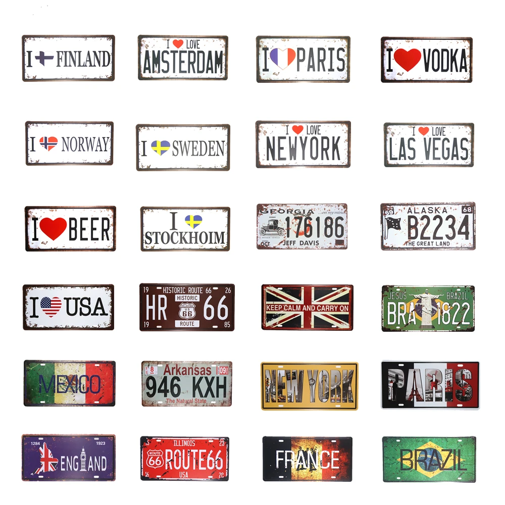 

Metal Tin Signs Vintage Country City Name Sign Car License Plates Plaques Pub Cafe Restaurant Garage Decor Wall Sticker Posters