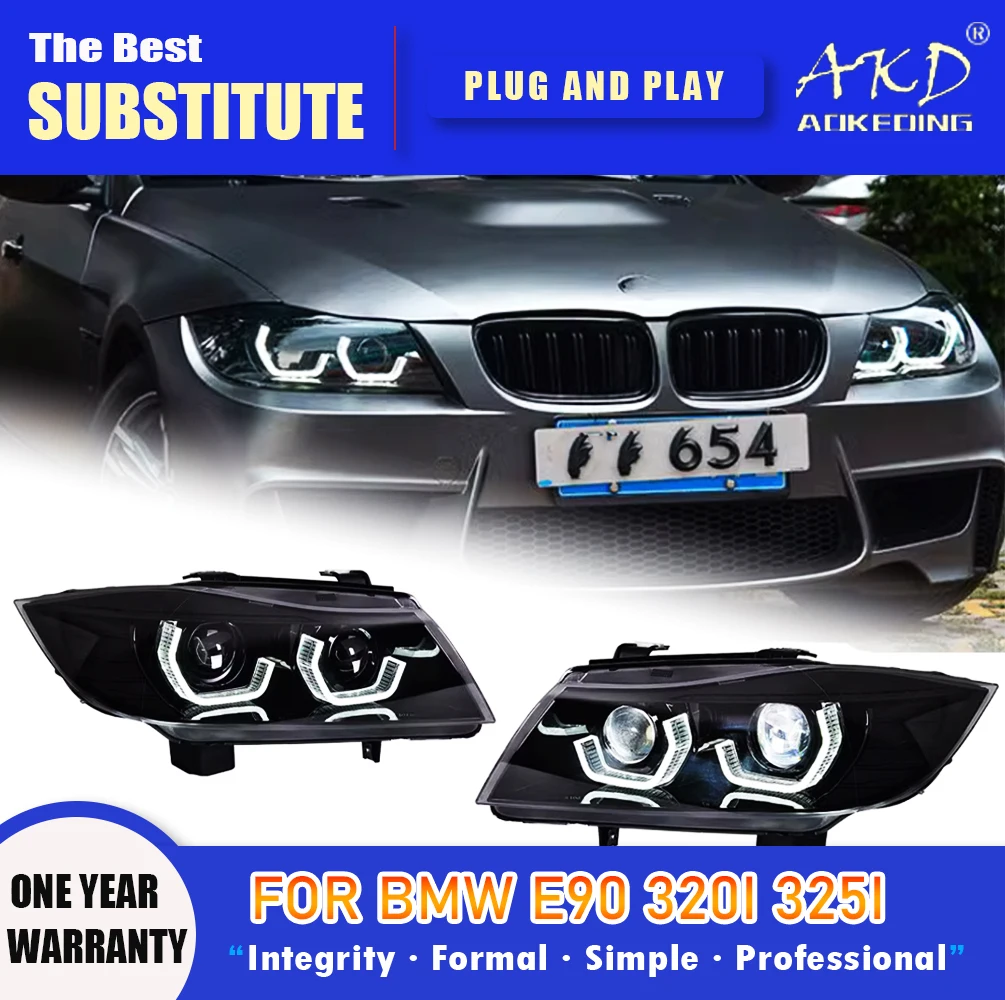 

Налобный фонарь AKD для BMW E90 светодиодный, фары 2005-2012, фары 320i 325i DRL, сигнал поворота, фара дальнего света, линза проектора Angel Eye