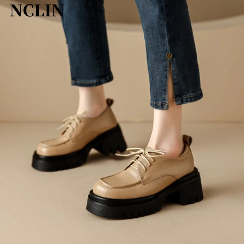 

Spring/Summer Women Shoes Chunky Heel Round Toe Platform Shoes Women Genuine Leather Shoes High Heel Loafers Zapatos De Mujer