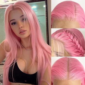 Parrucche sintetiche colorate 13x4 con pizzo frontale per donna, linea naturale dei capelli, rosa chiaro, lunghe e lisce, senza colla, per uso quotidiano, cosplay e feste.
