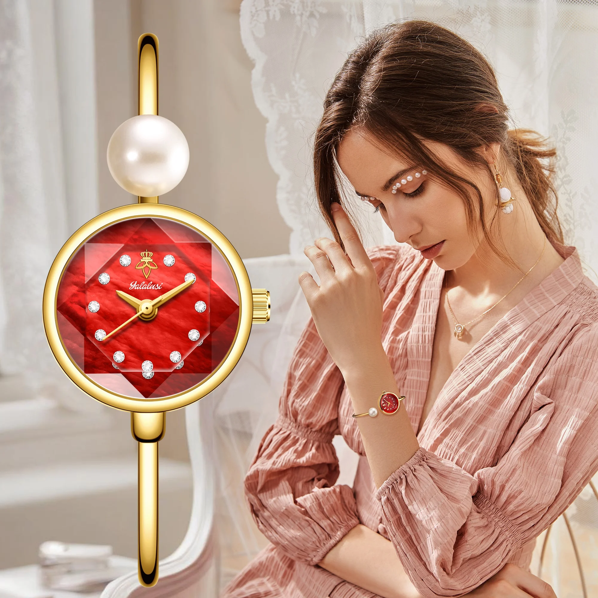 Reloj pulsera mujer oro lujo con perlas y caja de regalo_voghion.com