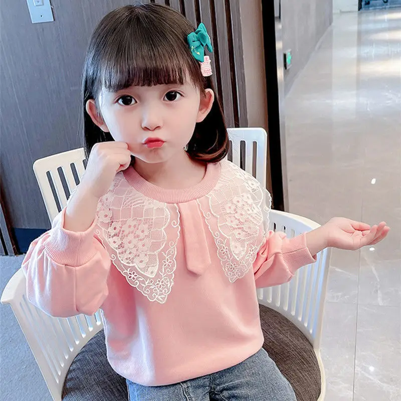 Child Girl T-shirt Long Sleeve Crew Neck Spring Autumn Casual Fashion All-match Solid Color Lace Comfortable Tops t shirt cotton t shirt kids t shirt