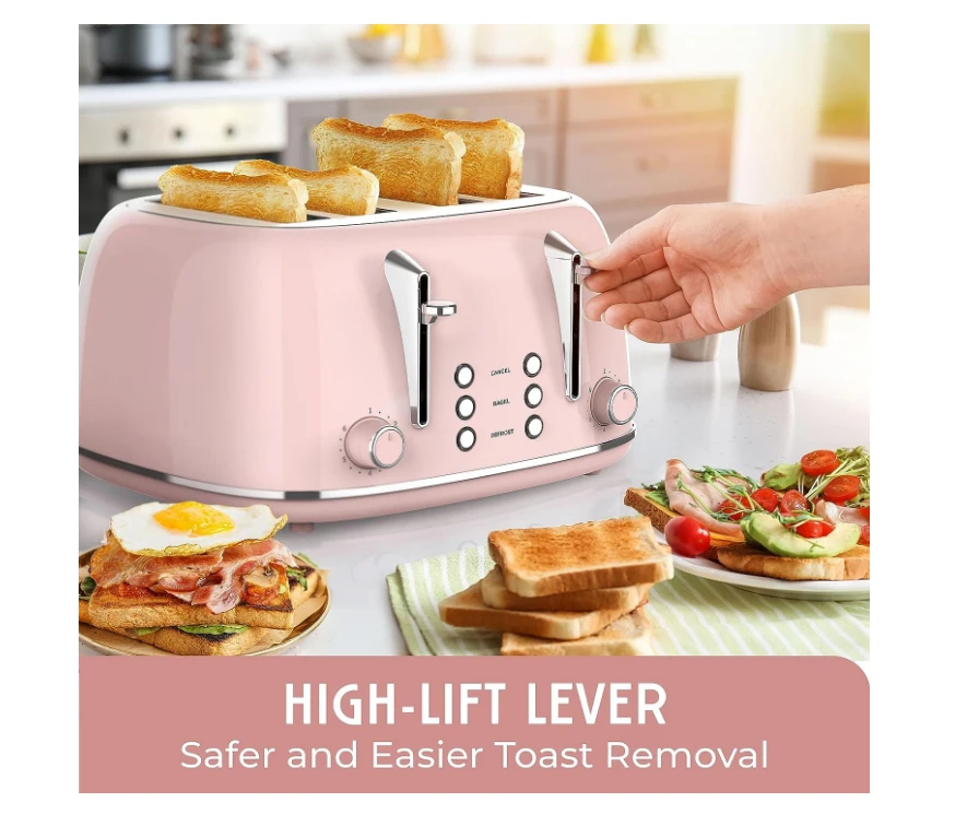 Retro Toaster 4 Slice with Extra Wide Slots Bagel, Defrost, 6 Browning Levels, Dual Independent Controls, Removable Crumb Tray 6