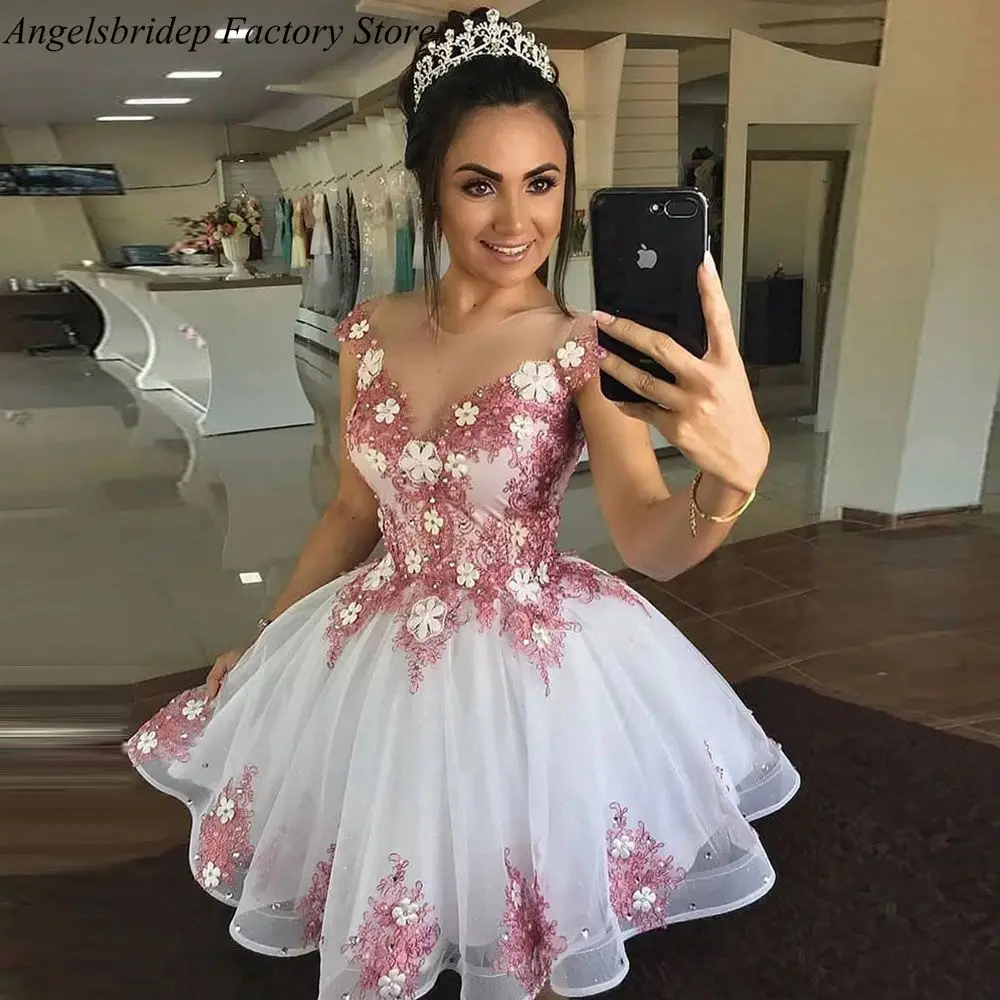 Angelsbridep High Neck Tulle Homecoming Dresses 3D Flowers Short Party Prom Gown Lace Appliques Vestidos De Gala Robes De Bal