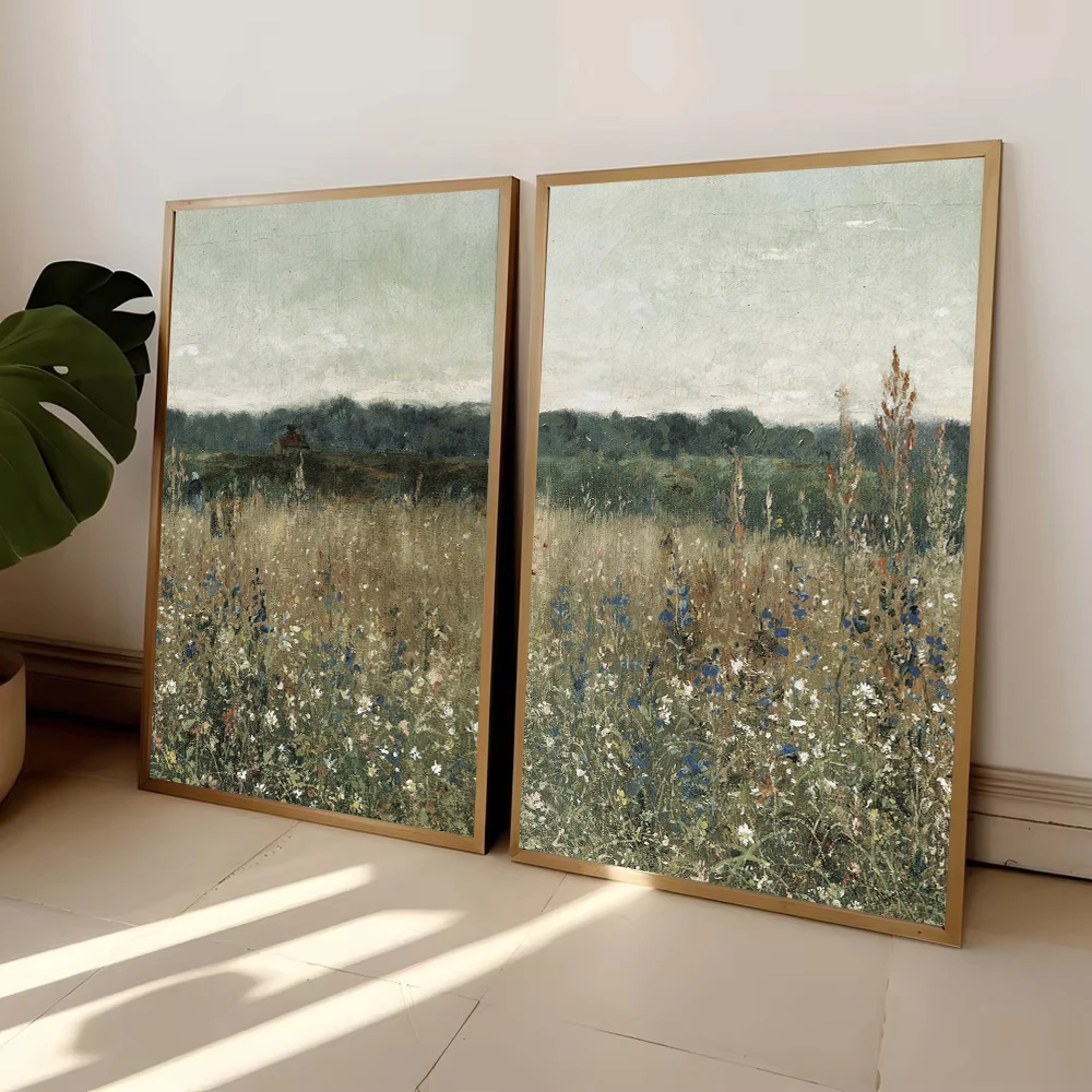 Wildflower Field Canvas Painting - Neutral Landscape Art for Farmhouse Living Room Decor