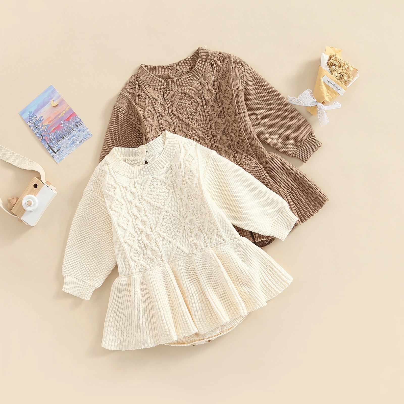 

2022-07-13 Lioraitiin 0-24M Newborn Baby Girl Autumn Winter Bodysuit Long Sleeve Knitted Solid Crotch Button Dress Bodysuit