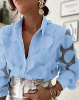 Women's Fashion Floral Pattern Long Sleeve Top Semi-Sheer Mesh Patch Design Women Casual Button Loose Elegant Blouses 5