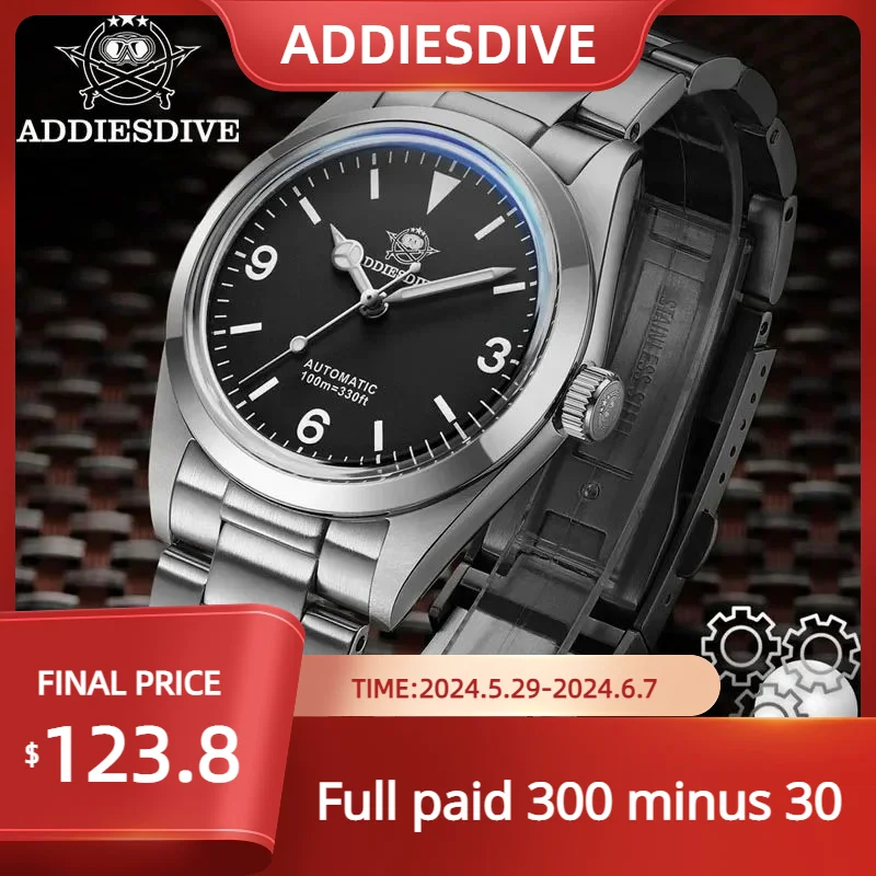 

ADDIESDIVE Men's Sport Watch 36mm Fashion Explore PT5000 Men Dress Automatic Mechanical Wristwatch Sapphire 10Bar BGW-9 Luminous