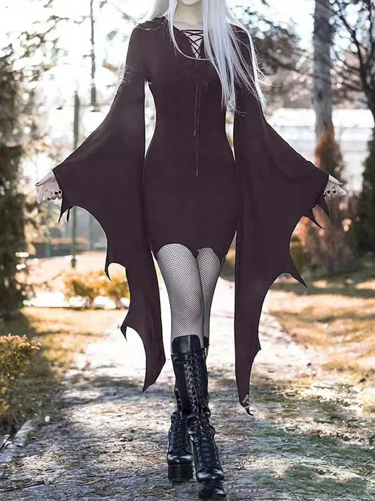 New Retro Gothic High Waist Black Dress Vintage Aesthetic Bat