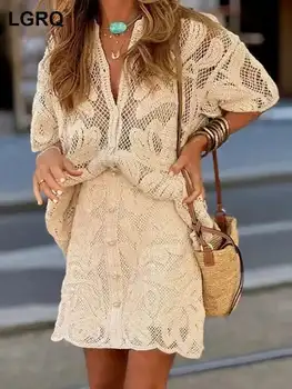 LGRQ 2026 Summer lace set New Women's 2 Piece Short Sleeved Hollow Out Tops A Line Skirt Suit Casual Female Clothing 19X1113 1