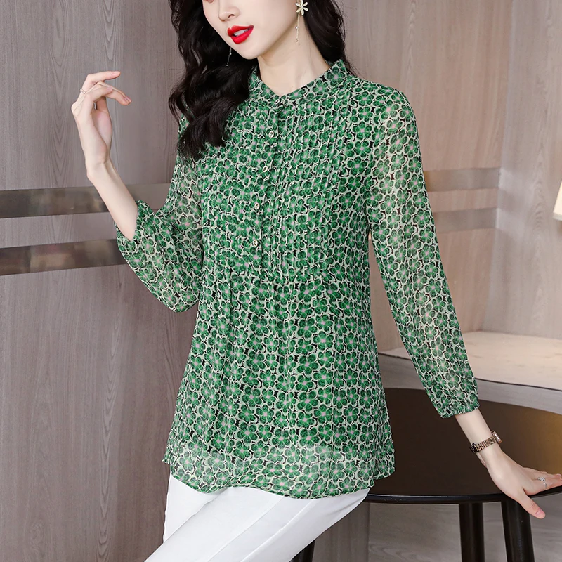 Blusas de manga larga de gasa con estampado verde para mujer, camisas ligeras la moda, Top elegante coreano