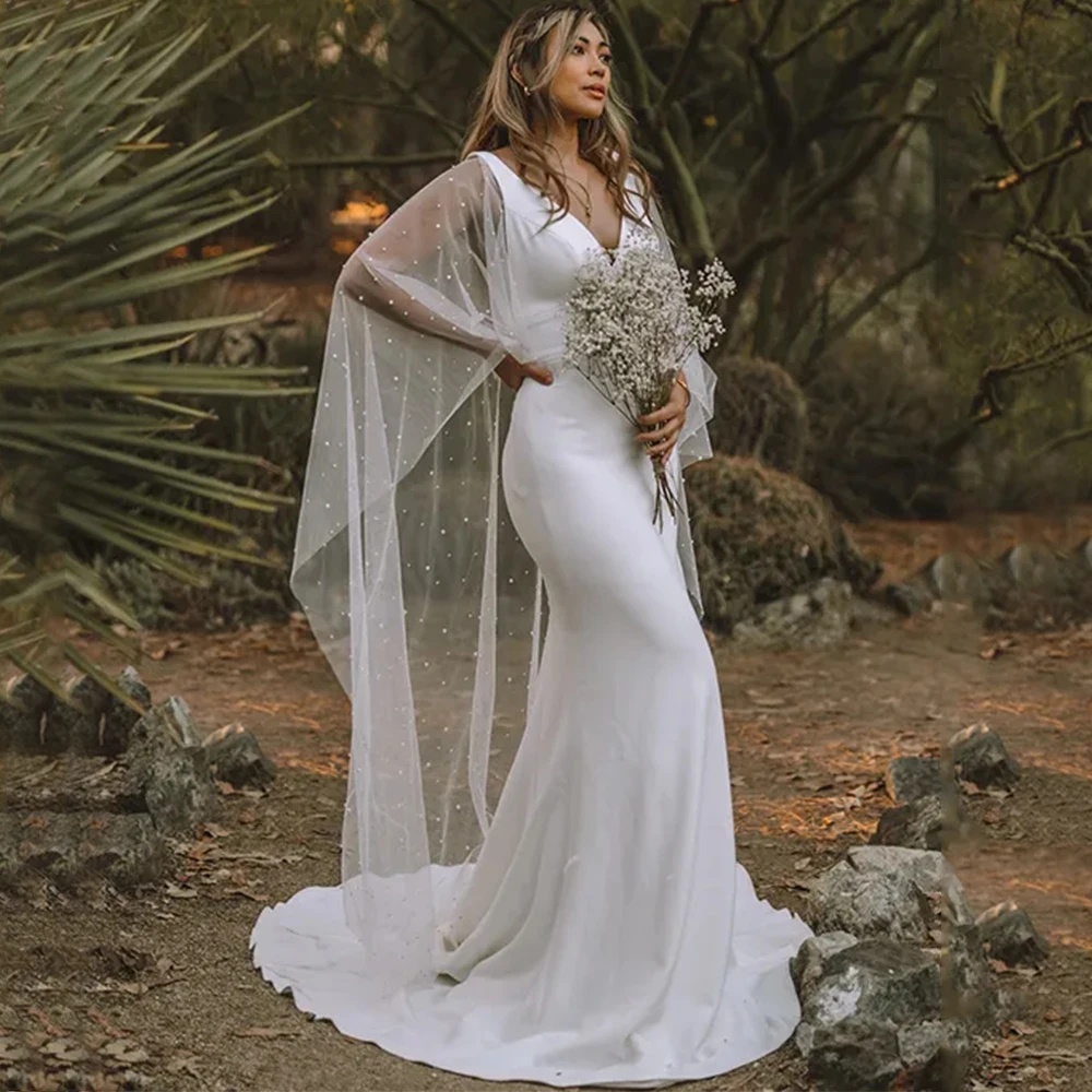 

Charming Deep V-Neck Mermaid Wedding Dress with Pearls Illusion Tulle Shawl Floor Length Sweep Train Bridal Custom Gowns