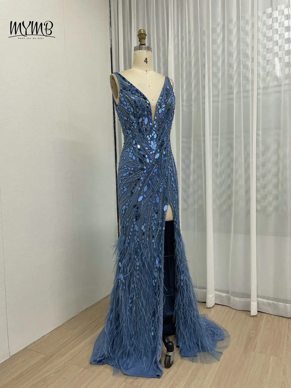 Mymb exklusive blaue tiefe Ausschnitt Meerjungfrau Hochzeit Gast Kleid sexy V-Form zurück hoch geschlitzten Spiegel Federn Abend Party Kleid – Detail 8