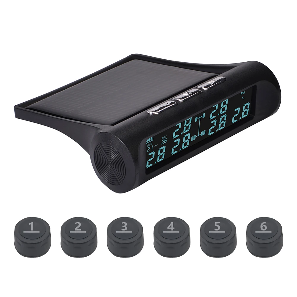 Solar Truck TPMS Tire Pressure Monitor 6 External Sensor LCD Display Car Tire Pressure Monitoring Tyre Temperature Alarm System 12