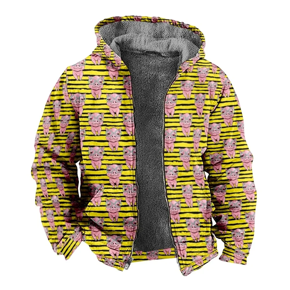 Autumn Winter Fleece Hoodies Black Yellow Stripes Cute Piggy Digital Print Men Parka Coat Jackets Outerwear Sweatshirts Street