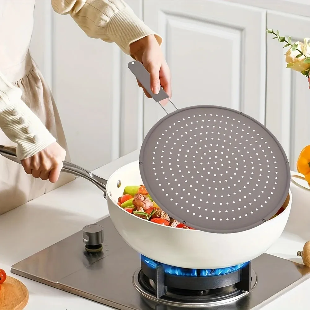 Silicone Kitchen Splatter Screen with Handle Heat-resisting Oil Splash Guard Drain Board Cover Kitchen Frying Pan Lid