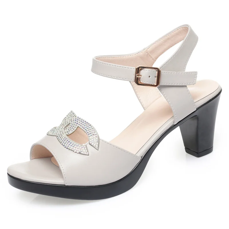 Soft Leather Breathable Women's Platform Sandals Summer 2024 Block High Heels Fish Mouth Open Toe Office Mom Beach Sandals