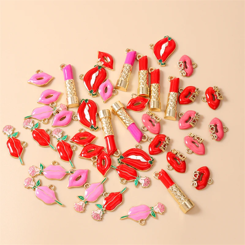 10 Stück Niedliche Gemischte Emaille-Anhänger in Form von Roten Lippenstiften für die Herstellung von Ohrringen, Halsketten, Armbändern, DIY-Handwerk und Schmuckzubehör
