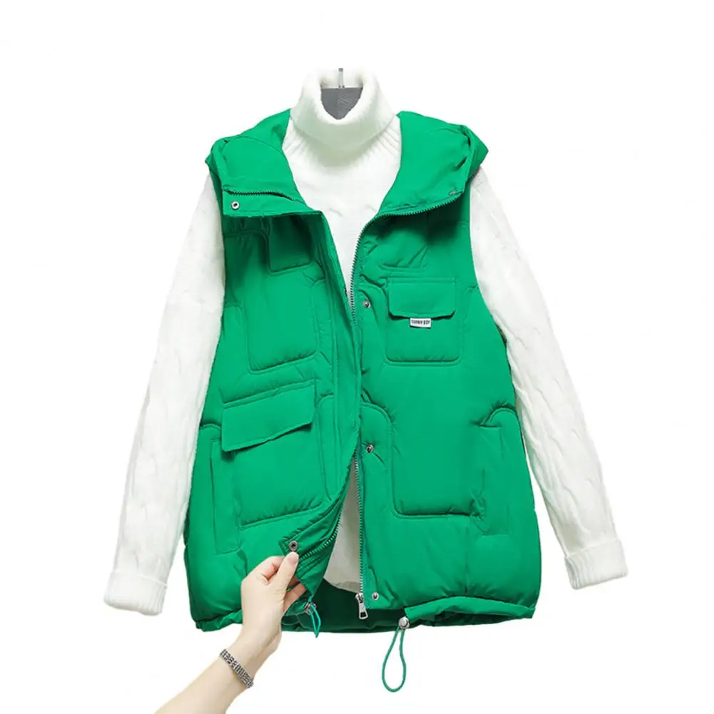 

Autumn Women Quilted Vest Solid Color Hooded Down Cotton Vest Pockets Zipper Waistcoat Sleeveless Jacket Female Coat 한국 가을옷