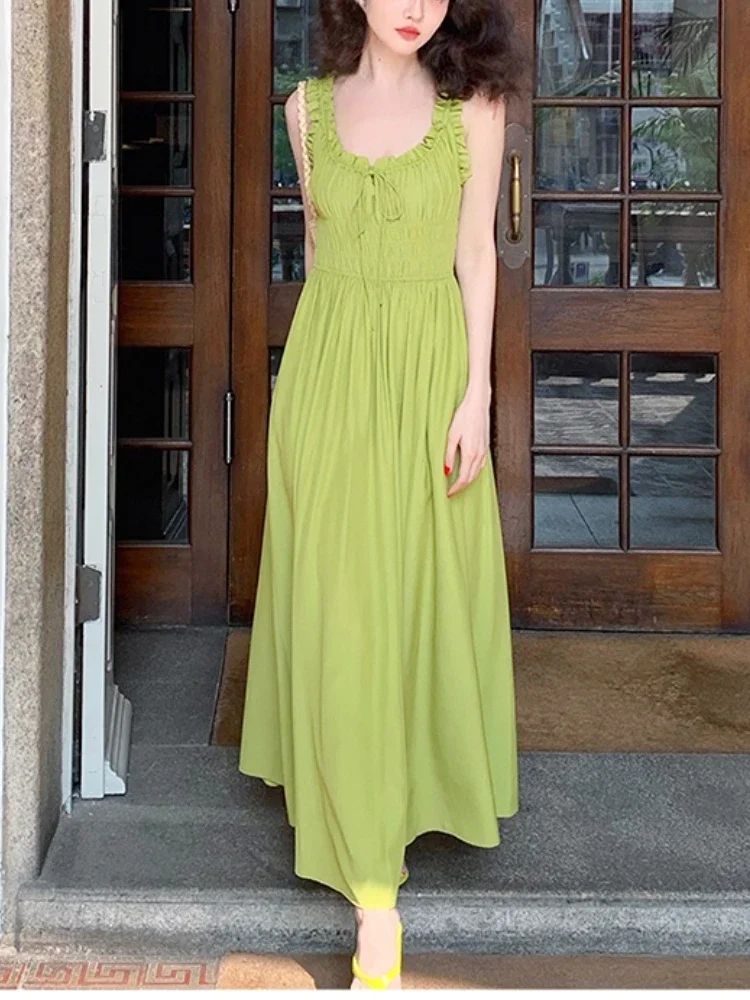 

Vintage Strap Dress Women Pure Color Sleeveless Beach Midi Dress Office Lady Causal Elegant One Piece Dress Korean 2024 Summer