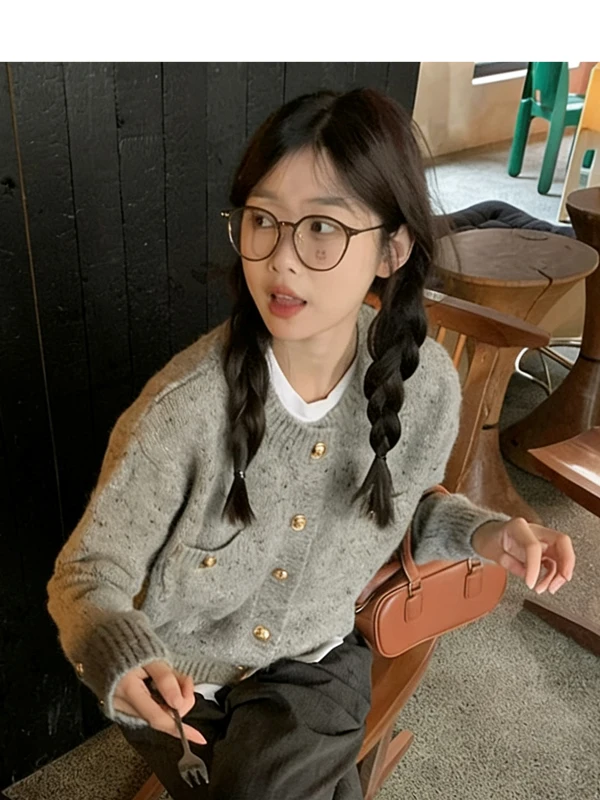 망고 그레이 니트 오픈 가디건 스웨터 여성용 봄 가을 아우터웨어 여성스러운 하이 칼라 탑 라운드 넥 프린트 캐주얼 웨어