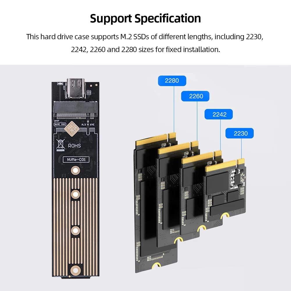 M.2 NVME PCIe NGFF SSD ̽,   M2 SSD ܺ Ŭ, USB3.1 C Ÿ ָ Ʈ ̺ ڽ, 2230-2280 M.2 SSD
