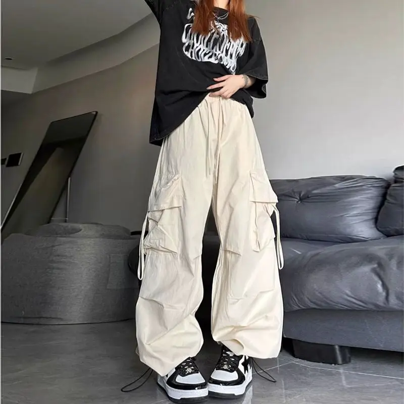 

Spring Summer New Elastic Waist Lacing Cargo Pants Solid Loose All-match Casual Wide Leg Pants Fashion Trend Women Clothing