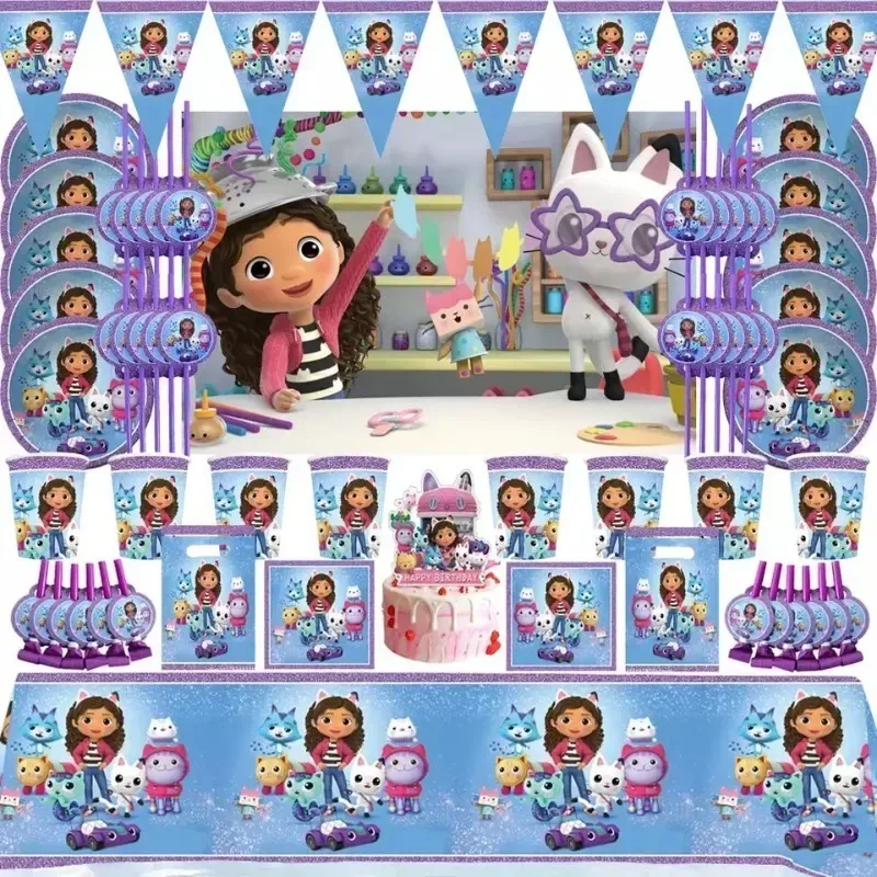 Disney Children's Birthday Party Decorative Products Gabby Doll House Theme Flag Pulling Balloon Disposable Tableware birthday party supplies