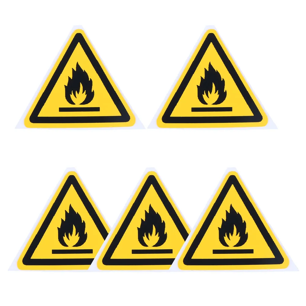 5pcs Safety Sign Sticker Flammable Pattern Dangerous Tag Oil-Proof Water-Resistant PVC Triangle Warning Label 25mm 50mm 100mm