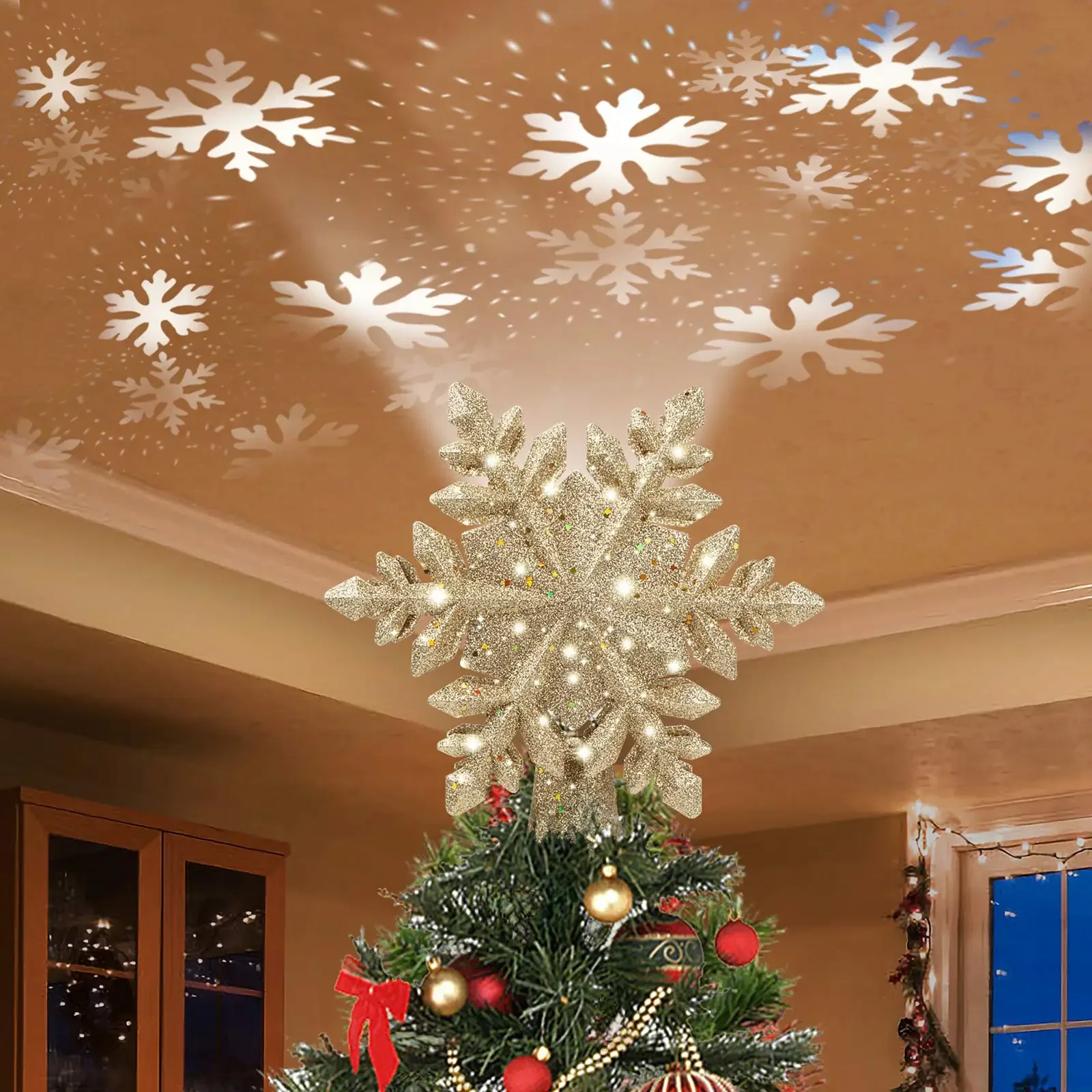 

Christmas Tree Topper Lighted with Snowflake Projector,3D Hollow Glitter Lighted Snow Tree Topper for Christmas Tree Decorations