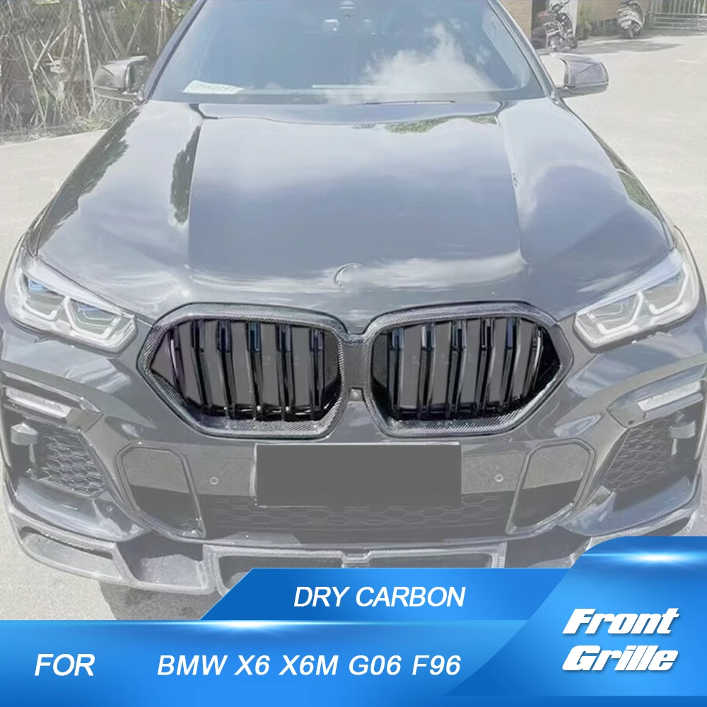 

Car Racing Grille For BMW X6 X6M G06 F96 20219-2021 Dual Slats Dry Carbon Fiber Front Kidney Grill Grille Trim 2019-2021