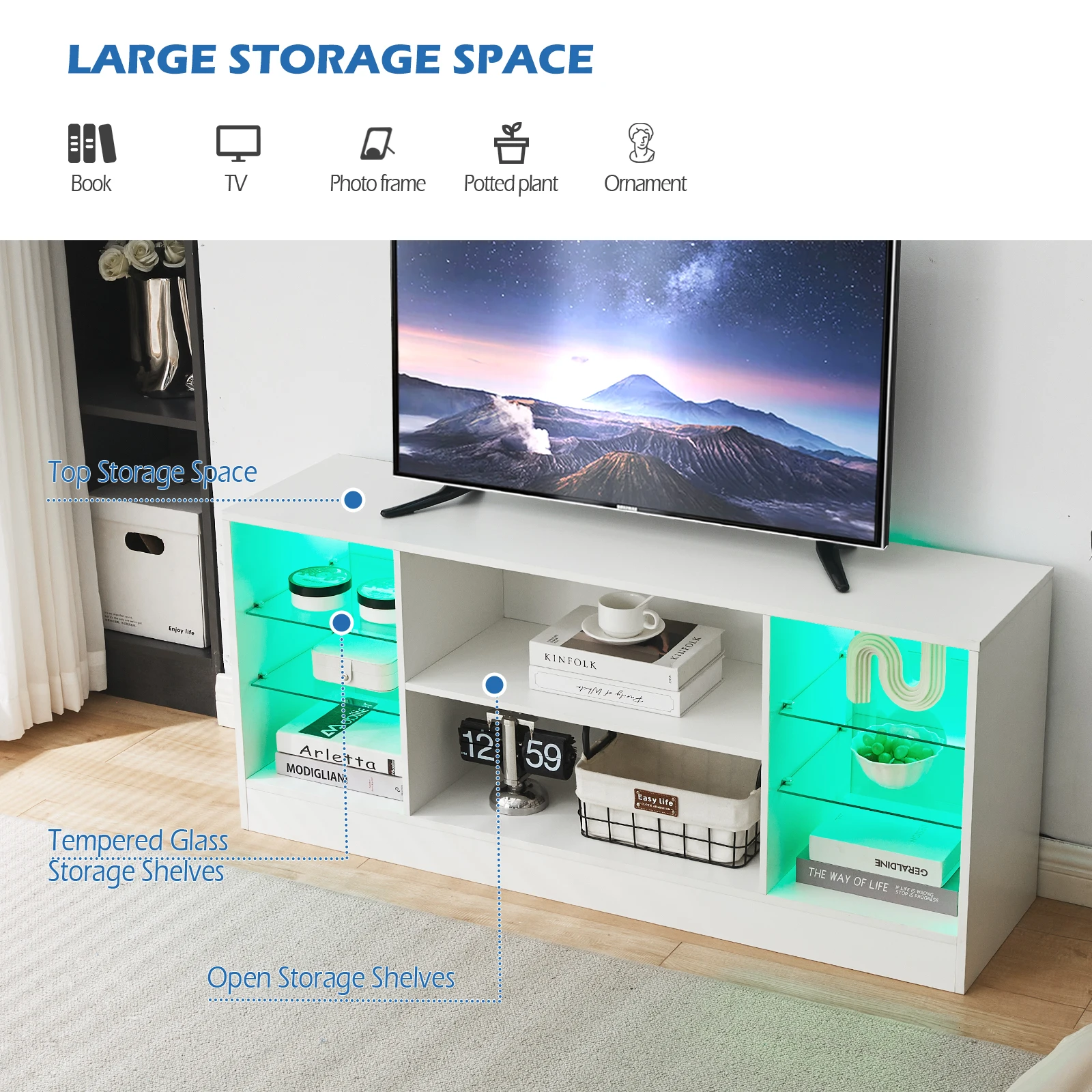 High Gloss White TV Cabinet with LED Lighting TV Cabinet TV Table with Glass Shelf Living Room Furniture Table Board - Image 3