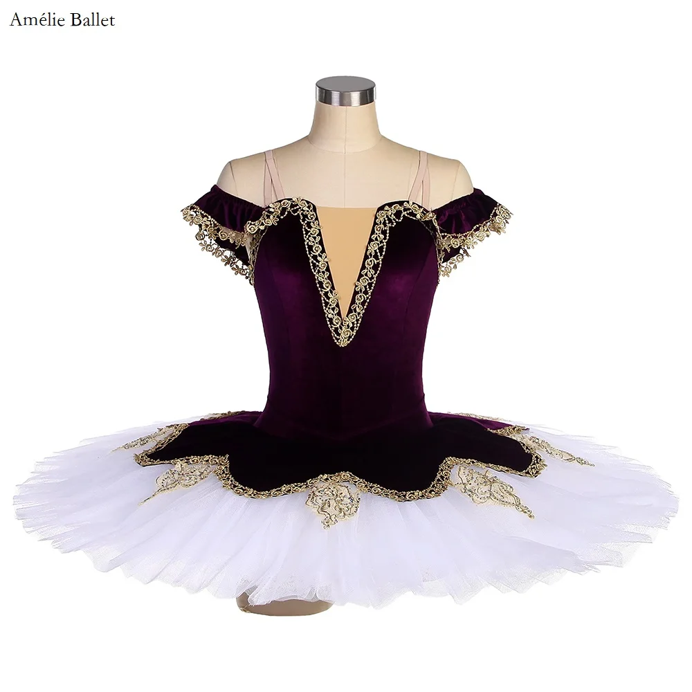 

BLL141 Dark Purple Velvet Bodice with Gold Trim Pre-professional Ballet Pancake Tutu Girls & Women Performance Dance Tutu