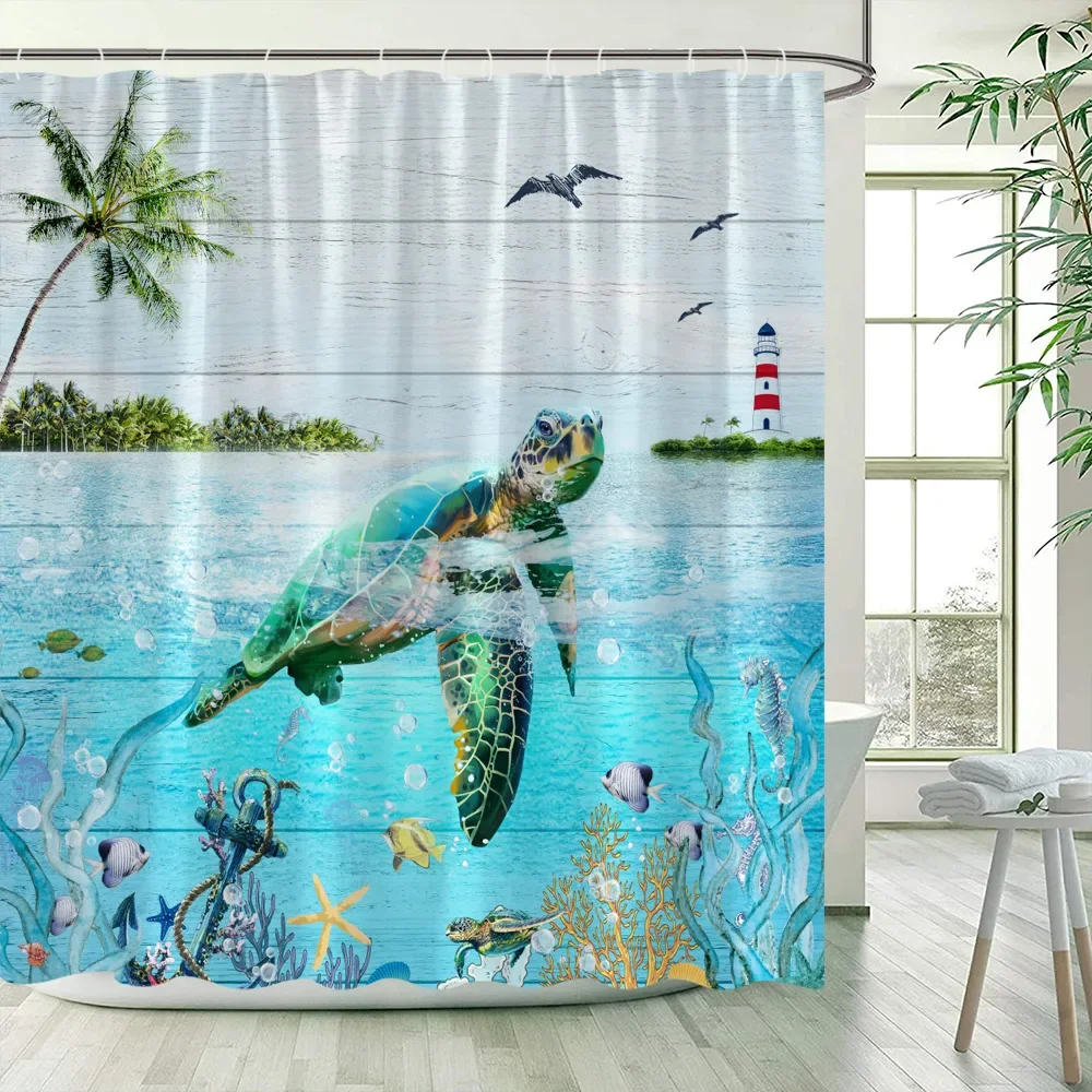 

Забавные шторы для душа с морской черепахой, остров, кокосовое дерево, океан, рыба, морская лошадь, декор для детской комнаты, занавески для ванной комнаты, набор крючков