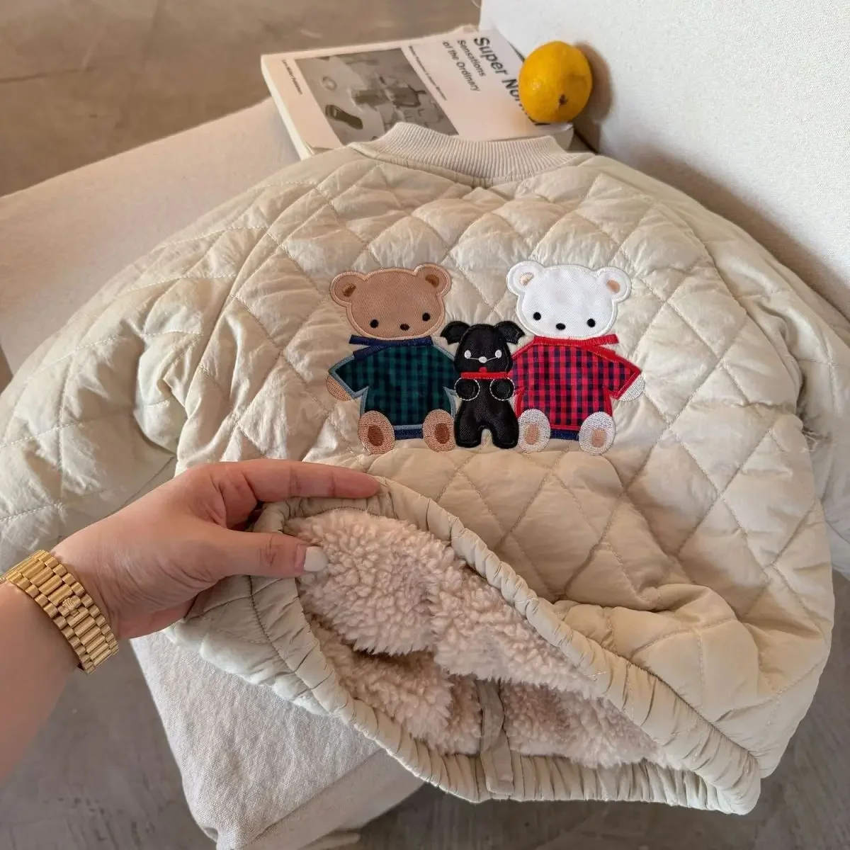 Autumn and Winter Korean Version Baby Boys Girls Cartoon Embroidered Baseball Clothes with Thick Coat Clip Cotton Warm Outfit