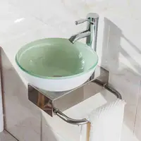 อ่างล้างหน้าติดผนังทรงกลมขนาด 31 ซม. พร้อมชั้นวางอ่างล้างหน้ากระจกนิรภัยอ่างล้างหน้าห้องน้ำอ่างล้างหน้าติดผนังขนาดเล็กพร้อมก๊อกน้ำ 5