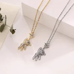 High Quality Luxury Shiny Full of Zircon Cartoon Bear Pendant Necklace for Women Crystal Star Choker Korean Fashion Jewelry Gift