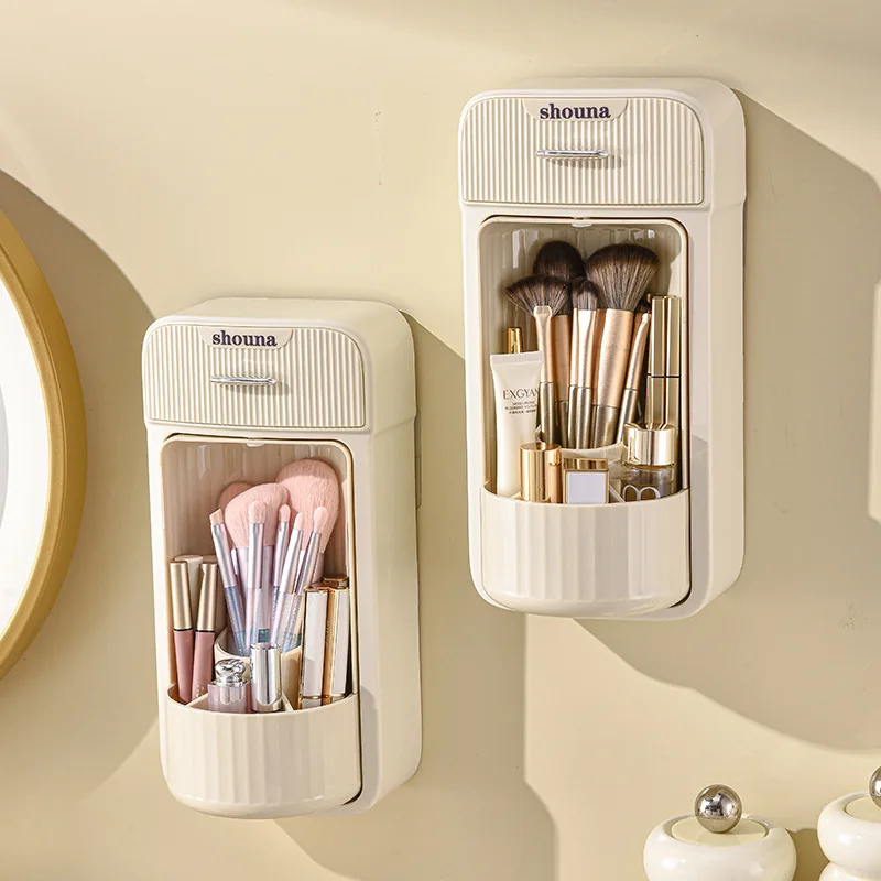 

Wall Mounted Makeup Brush Storage Box Rotatable Dustproof Cosmetic Storage Rack With Drawers Cosmetic Organizing Box