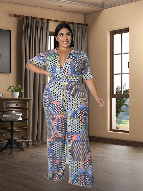 Plus Size Women's Clothing Printed V-neck Jumpsuit New Casual Wide Leg  Pants High Jumpsuits Wholesale Dropshipping - AliExpress