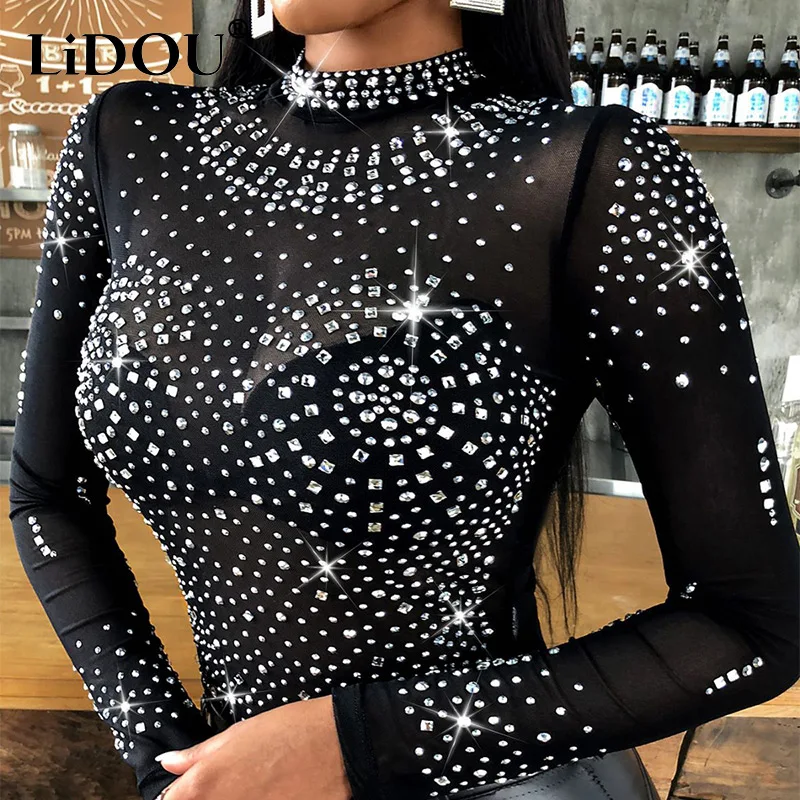 Spring Autumn New Sexy Fashion Diamonds Perspective Long Sleeve Jumpsuits Ladies Slim Mesh Playsuit Women Rompers Female Clothes ingoo mesh patchwork sexy sheer bodysuit long sleeve ladies bodysuit overall romper party night club womens body suits top