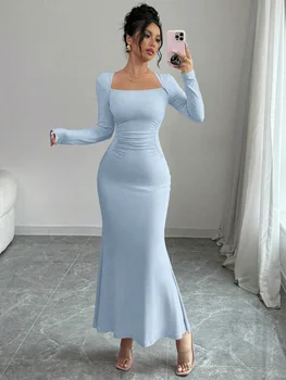 Women's Four Seasons New Style Women's Elegant Temperament Retro Solid Color Square Collar Long Sleeve Dress 1