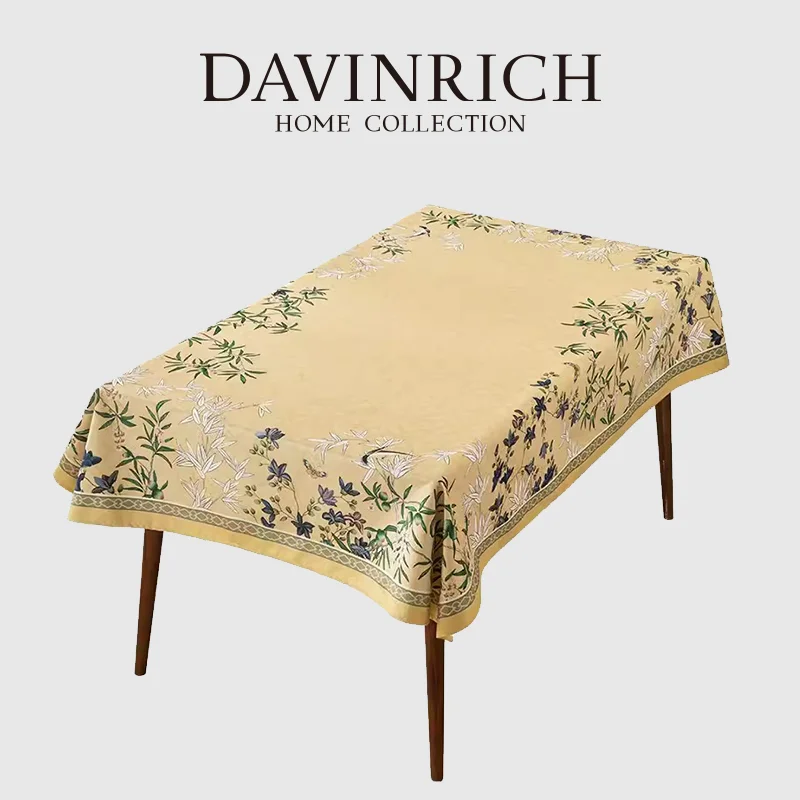 

DAVINRICH Autum Orchid Flowers Bamboo Decorative Table Cloth Superior Quality Velvet Tablecloth Orientalism Style Home Decor