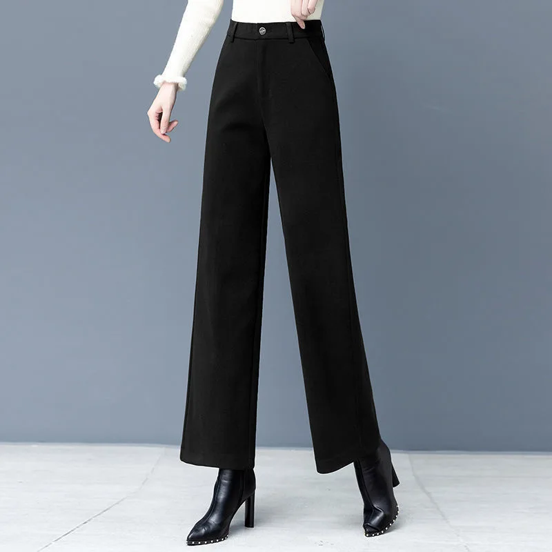 Women Woolen Plaid Loose Casual Wide Leg Pants Ladies Elegant Streetwear High Waist Trousers Female Korean Straight Leg Pant