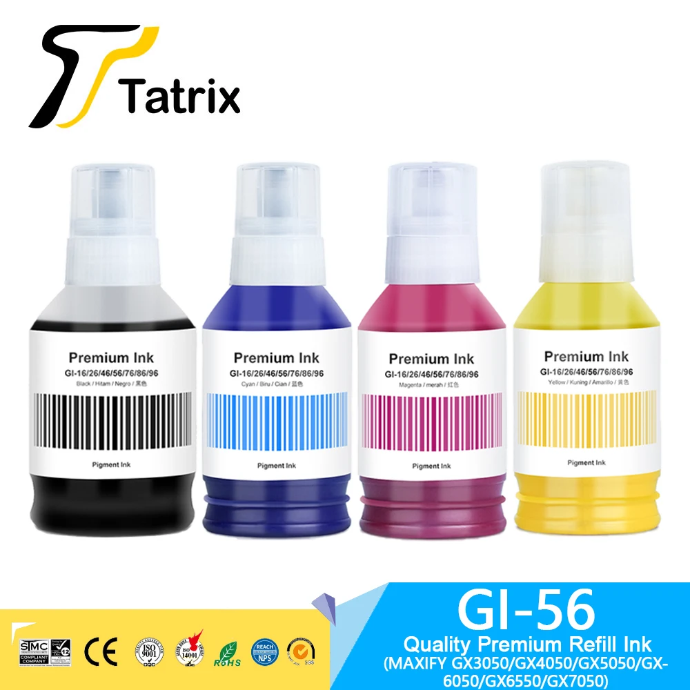 Tatrix GI 56 GI56 GI-56 Premium Color Compatible Refill Ink for Canon MAXIFY GX3050/GX4050/GX5050/GX6050/GX6550/GX7050 Printer dye ink kit ink refill kit dye ink refill inkjet printer ink ink cartridge refill kit ink refill